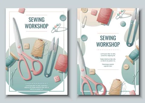 Flyer design set for sewing atelier, workshop. Poster with threads, scissor.. Stock Illustration