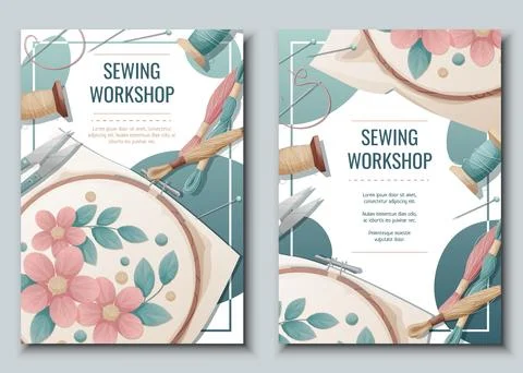 Flyer design set for sewing atelier, workshop. Poster with hoop, thread, sc.. Stock Illustration