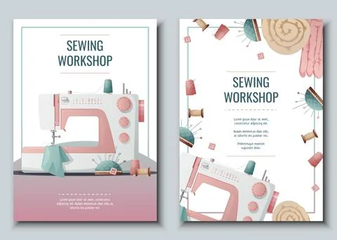 Flyer design set with sewing machine and sewing supplies. Light industry. N.. Stock Illustration