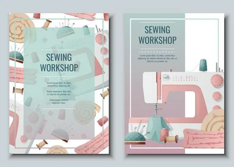 Flyer design set with sewing machine and sewing supplies. Light industry. Nee Stock Illustration