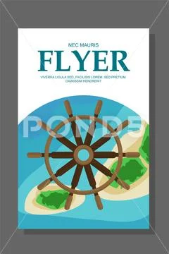 Flyer in flat style with a map of the island to travel and vacation on yacht. Stock Illustration