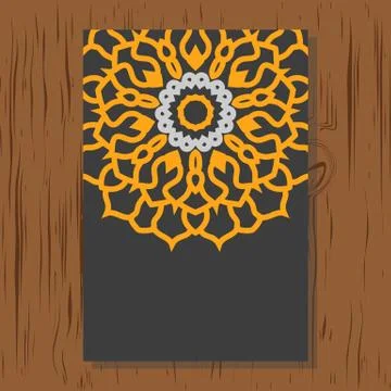Flyer Oriental pattern on wood texture. Yellow mandala 스톡 일러스트