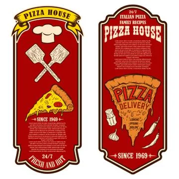 Flyer of pizzeria. Design elements for logo, label, sign, badge, poster.Vecto 스톡 일러스트