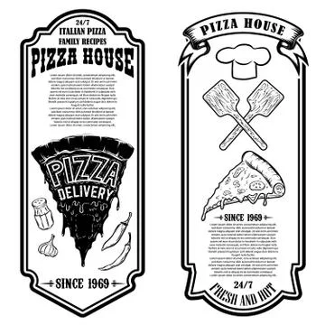 Flyer of pizzeria. Design elements for logo, label, sign, badge, poster. Stock Illustration