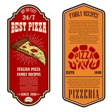 Flyer of pizzeria. Design elements for logo, label, sign, badge, poster. Vect Stock Illustration