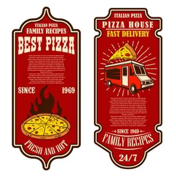 Flyer of pizzeria. Design elements for logo, label, sign, badge, poster. Vect 스톡 일러스트