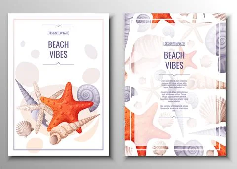 Flyer set with seashells and orange starfish. Banner, flyer, poster A4 size f Stock Illustration