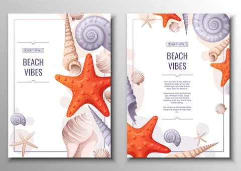 Flyer set with seashells and orange starfish. Banner, flyer, poster A4 size f Stock Illustration