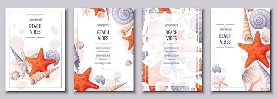Flyer set with seashells and orange starfish. Banner, flyer, poster A4 size f Stock Illustration