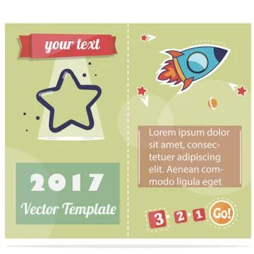 Flyer the star and the rocket for print or website. Hand drawn cute Doodle Stock Illustration