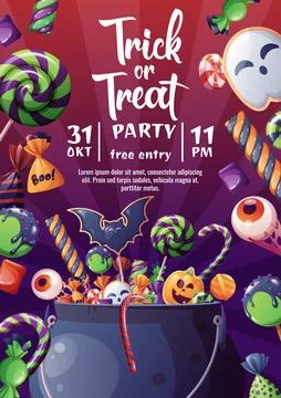 Flyer template with cauldron of sweets. Halloween party. Trick or treat. Part Stock Illustration
