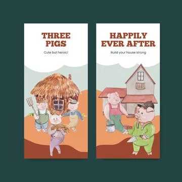 Flyer template with cute three little pigs concept ,watercolor style Stock Illustration