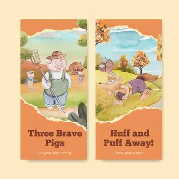Flyer template with cute three little pigs concept ,watercolor style Stock Illustration