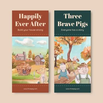Flyer template with cute three little pigs concept ,watercolor style Stock Illustration