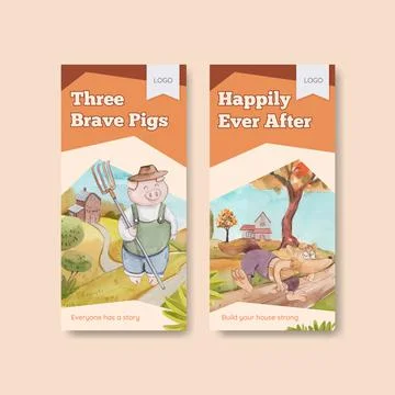 Flyer template with cute three little pigs concept ,watercolor style Stock Illustration