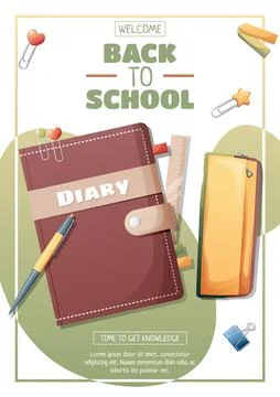 Flyer template with diary with a pencil case.. School time, back to school, e Stock Illustration