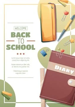 Flyer template with diary with a pencil case.. School time, back to school,.. Illustrazione stock