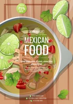 Flyer template with lime sauce and tortilla. Traditional Mexican food. Post.. Stock Illustration