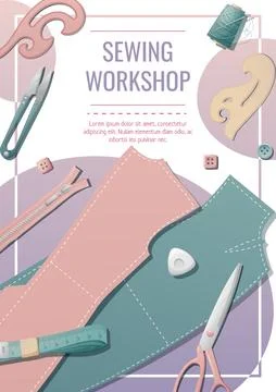 Flyer template with pattern, thread, pattern, scissors. Needlework, hobby, se Illustrazione stock