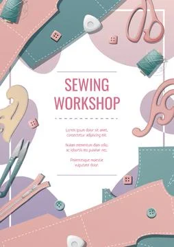 Flyer template with pattern, thread, pattern, scissors. Needlework, hobby, se Stockillustratie