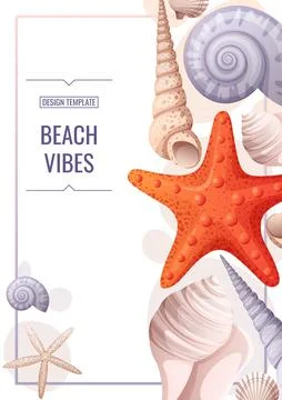 Flyer template with seashells and orange starfish. Banner, flyer, poster A4 s Stock Illustration