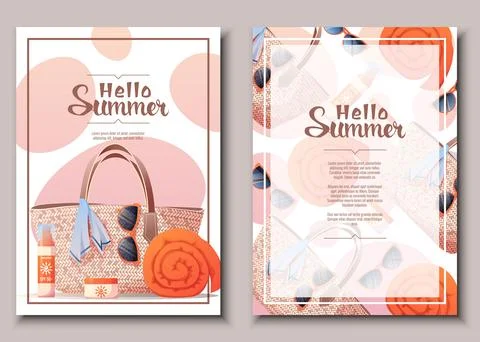 Flyer template set with summer accessories. Wicker bag, towel, sunscreen. Bea Illustrazione stock