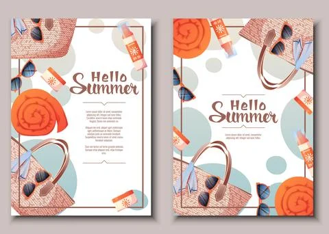 Flyer template set with summer accessories. Wicker bag, towel, sunscreen. Bea Stock Illustration