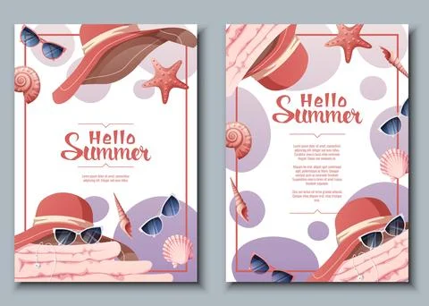 Flyer template set with summer accessories.Beach hat, sunglasses, towel, seas Stock Illustration