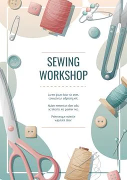 Flyer template for sewing atelier, workshop. Poster with threads, scissors,.. Stock Illustration