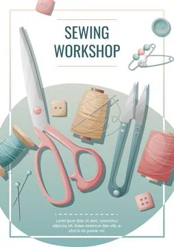 Flyer template for sewing atelier, workshop. Poster with threads, scissors, s Illustrazione stock
