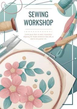 Flyer template for sewing atelier, workshop. Poster with hoop, thread, scisso Stock Illustration