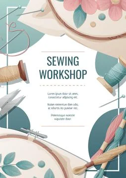 Flyer template for sewing atelier, workshop. Poster with hoop, thread, scisso Stock Illustration