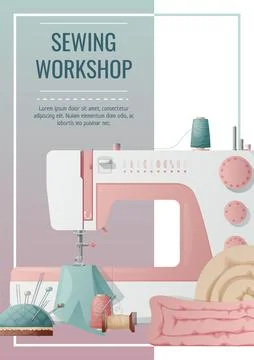 Flyer template with sewing machine and sewing supplies. Light industry. Nee.. Stock Illustration