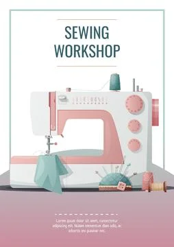 Flyer template with sewing machine and sewing supplies. Light industry. Nee.. Stock Illustration