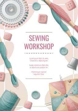 Flyer template with threads, pins, pincushion, buttons. Needlework, hobby, se Stock Illustration