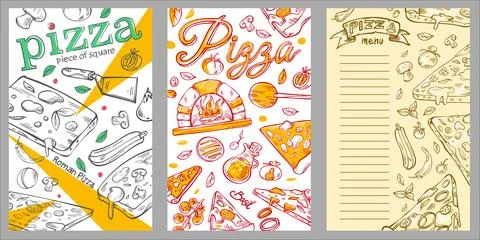 Flyer vector hand drawn Pizzeria banners vertical. set collection Stock Illustration
