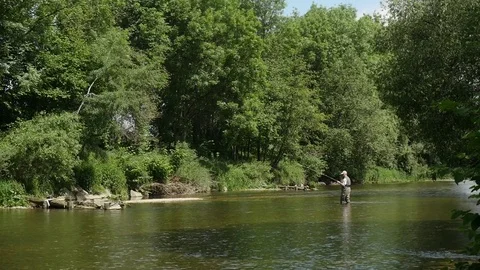 Flyfisher casting his line in shallow river Stock-Footage 79663516