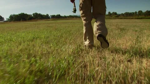 Flyfisher walking in meadow Stock Footage 55333961