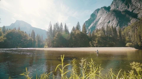 Flyfishing Under Half Dome Wide Angle Pans Stock Footage 117753586