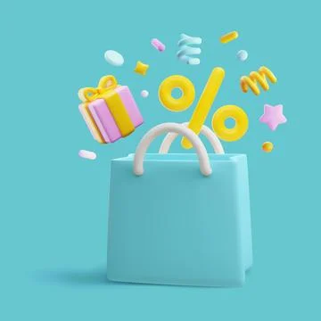Flying 3d pink gift box, confetti, percent, render turquoise shopping bag, bonus Illustrazione stock