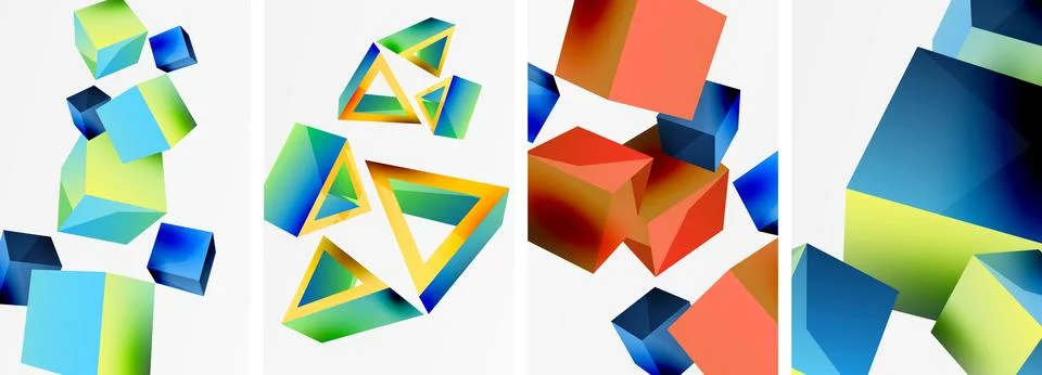 Flying 3d shapes, cubes and other geometric elements background design for Illustrazione stock