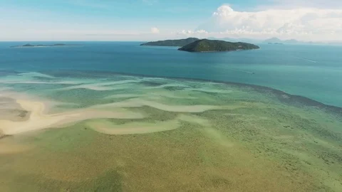Flying above calm water, river and nature landscape. Areial view. Video stock 80726025