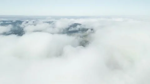 Flying above the clouds over forest and green fields below. Aerial. Stock Footage 233219310