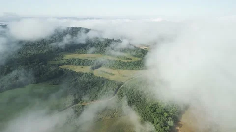 Flying above the clouds over forest, mountain and river below. 4K. Stock Footage 233219382