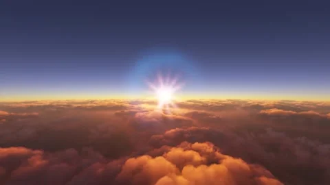 Flying above the clouds at sunset. aerial view of the sky with a lens flare Video stock 203761276