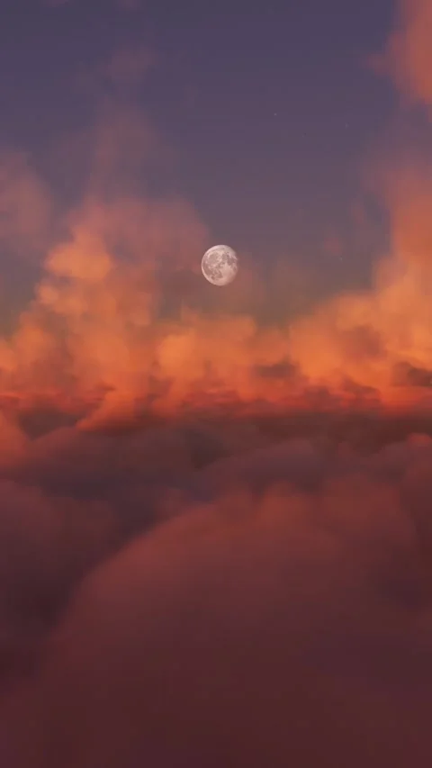 Flying Above the Clouds at Sunset with the Moon in the Background Stock Footage 284489867