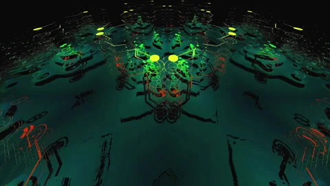 Flying above colorful connected dot with black background. Big data, techno.. Stock Footage 241063339