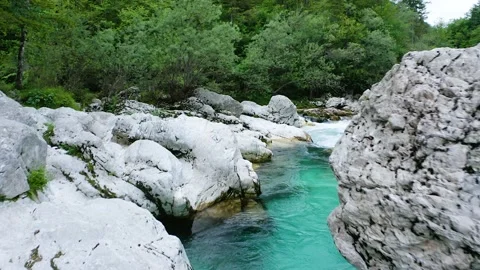 Flying Above Emerald Soča River, Stream that Floats Through Small Soča Gorge Stock Footage 230328650