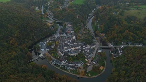 Flying above Esch sur Sure, historic charm in northern Luxembourg. Stock Footage 321422859