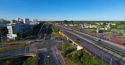 Flying Above Highway Intersection. Traffic Running Stock Footage 91103992